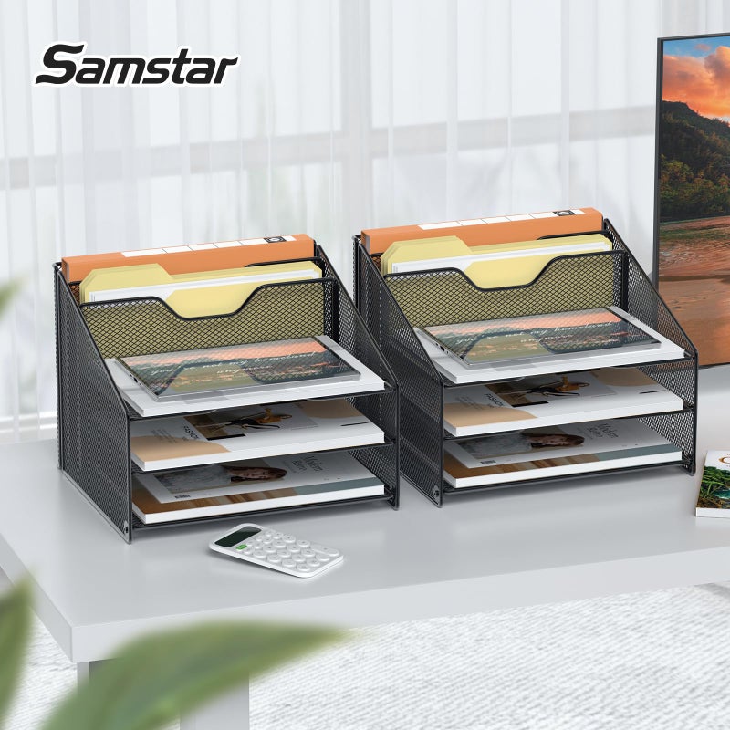 Samstar 2 Pack Mesh Desk File Organizer Letter Tray Holder, Desktop File Folder Holder with 3 Paper Trays and 2 Vertical Upright Section, Black - Image 2